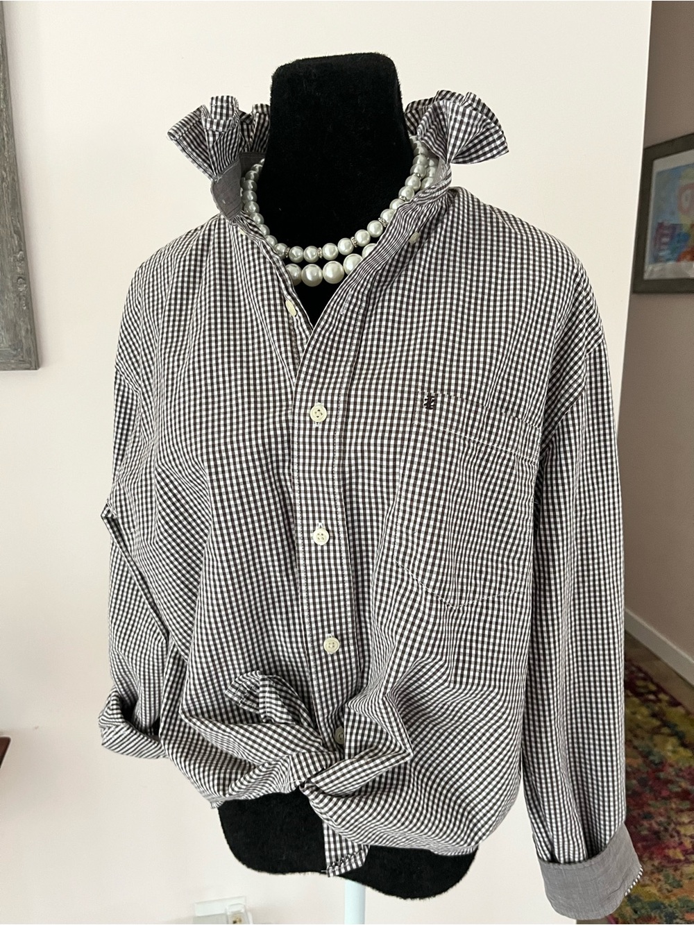 Upcycled Izod Brown and White Gingham Button-Down Shirt with Ruffle Collar